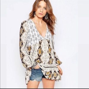 Free People geometry boho tunic long sleeve top dress XS white black brown stars